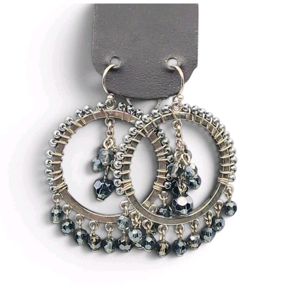 Silver Tone Blue Crystal Hoop Drop Beaded Earrings Vintage Glamour U